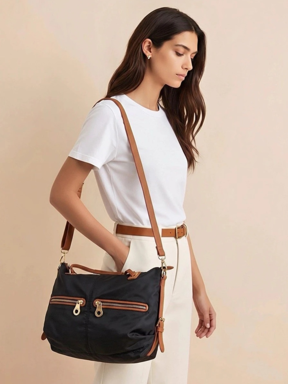 Big Buddha Black Shoulder Bag Gold Zip Detachable Crossbody Strap Outer Pockets